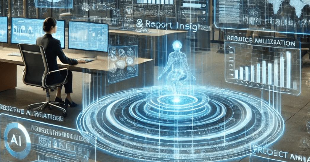 AI-powered collaboration tools interface: Analyst working with holographic data visualizations.