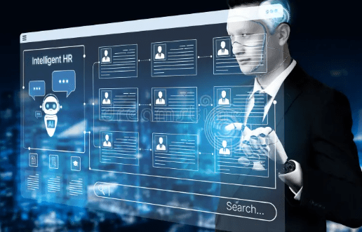 AI-driven collaboration: Man interacting with an "Intelligent HR" interface to manage candidate profiles.