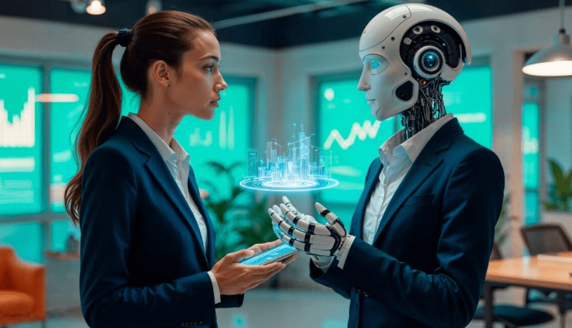 AI robot and woman in business suits discuss AI-powered collaboration tools, displaying a holographic city model.